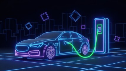 Futuristic electric vehicle charging station glowing in a neon cityscape grid symbolizing urban
