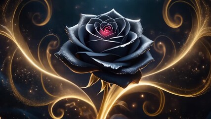 Dark blue rose with glowing golden swirls against a celestial, abstract background. - Powered by Adobe