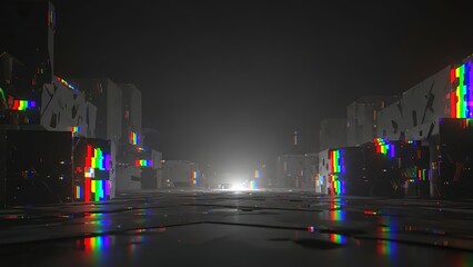 A dark and moody city street at night with colorful reflections