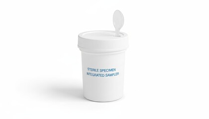 A sterile specimen container with integrated sampler and printed label isolated on white background, stool sample diagnostics concept