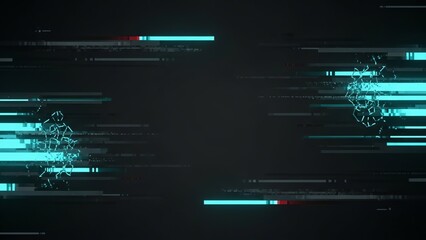 Glitchy digital distortion effect with blue horizontal bars on black background