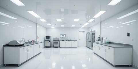 Cleanroom Laboratory An immaculate, sterile cleanroom with smooth white walls and pristine, reflective floors. The space is illuminated by fluorescent