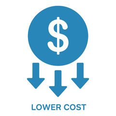 Dollar sign icon with three downward arrows representing lower cost or price reduction concept