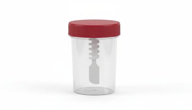 A transparent plastic stool sample container with red screw lid and internal spoon isolated on white background, medical laboratory concept