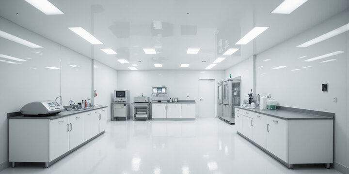 Cleanroom Laboratory An immaculate, sterile cleanroom with smooth white walls and pristine, reflective floors. The space is illuminated by fluorescent