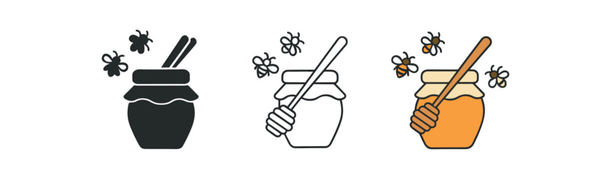 beekeeping honey jar with wooden dipper and buzzing bees nearby