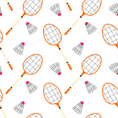 Seamless badminton pattern with rackets and shuttlecocks in flat vector style. Repeating sports background.