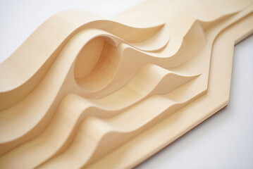 Wooden isometric design abstract wave sculpture with smooth sanded finish on white surface