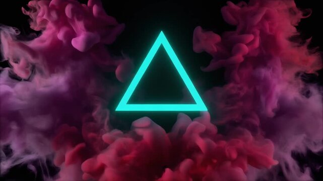Glowing neon triangle outline suspended amid vibrant pink and purple clouds in a surreal abstract scene.