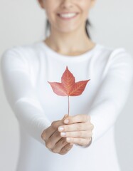 Autumn's Embrace: A person holds a vibrant, crimson autumn leaf, radiating warmth and the beauty of seasonal change, symbolizing the simple pleasures of nature.