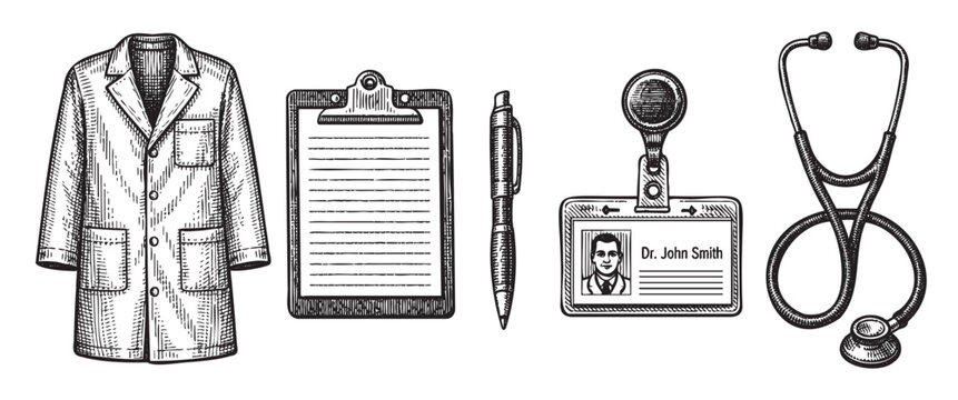 A vintage sketch features a lab coat, clipboard, pen, ID badge, and stethoscope arranged against a white background, perfect for healthcare or academic illustrations.