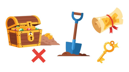 Treasure Chest, Shovel, Scroll, and Key Illustration