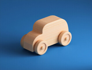 Wooden isometric design stylized car model with blocky geometric shapes on blue backdrop