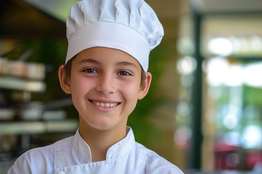 Portrait of happy young chef smiling wearing uniform and toque in a professional kitchen - Powered by Adobe