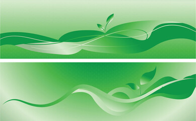 Set Of Abstract Green Nature Wave Background Banners with Leaf Elements