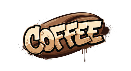 Stylized graffiti style coffee text overlaying a large brown coffee bean with splatters and a single long drip of ink.