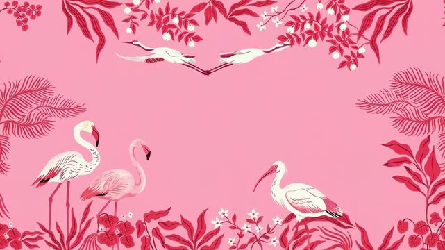 Elegant flamingos and ibises in a dreamy pink-themed illustration. the beautiful arrangement evokes a sense of serenity and exotic wonder.  