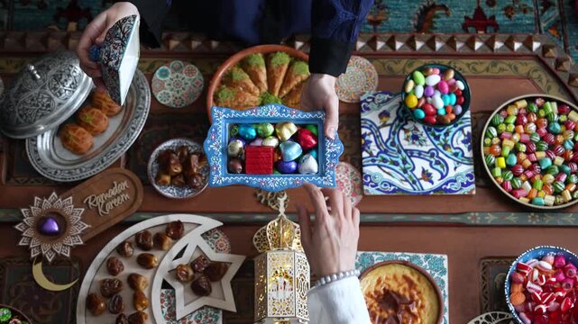 Muslim Family Having Dinner At Home, Ramadan Iftar Table,  Iftar Table Turkish Traditional Food, Ramadan Background, Eid Mubarak Concept Video, Uskudar Istanbul, Turkiye (Turkey) 