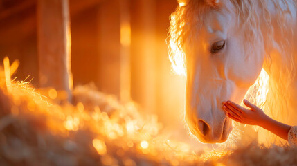 White horse standing inside stable calmly being touched by person hand