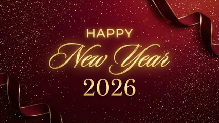 Elegant happy new year 2026 celebration announcement with festive ribbons