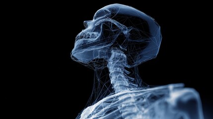 Wireframe 3d model of human skull and spine in blue tones on black background
