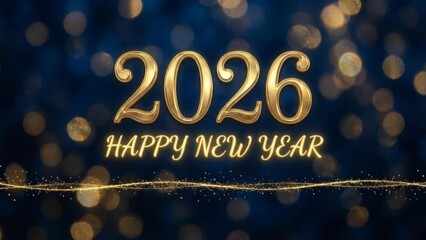 Golden 2026 happy new year text with festive bokeh lights background