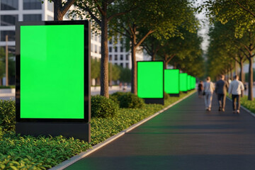 Green screen mockup banner billboard in urban sidewalk, poster display advertising branding template, outdoor city ad mock-up