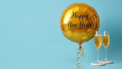 Golden balloon with happy new year message and champagne glasses