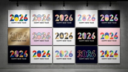 Happy new year 2026 diverse typographic designs displayed on wall