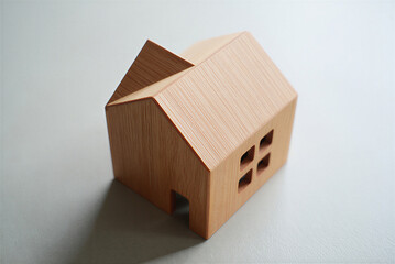 Wooden isometric design faceted house model with window cutouts on light gray floor