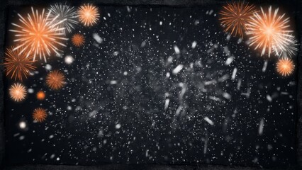 Festive fireworks display against dark sky with falling snow