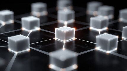 Abstract glowing cubes connected by lines in a digital network grid