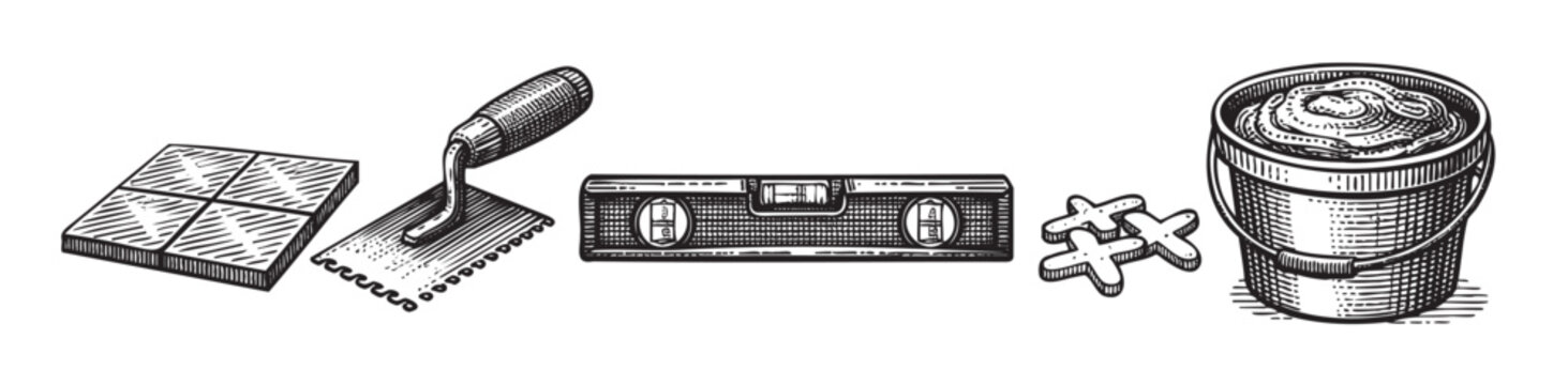Engraved illustration of tiling tools and materials including tiles, trowel, level, spacers, and a bucket of grout on a white background.