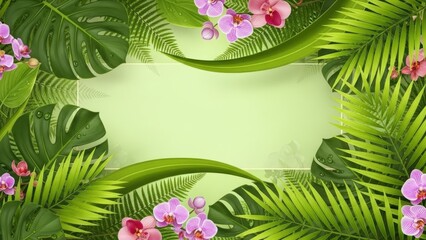 Lush Tropical Foliage Frame with Pink Flowers and Bright Green Leaves.