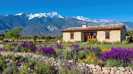 Charming Stone Cottage Surrounded by Vibrant Flowers and Majestic Mountain Range