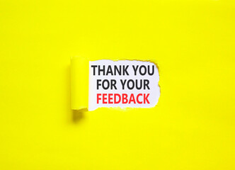 Thank you for your feedback symbol. Concept words Thank you for your feedback on beautiful white paper. Beautiful yellow paper background. Business thank you for your feedback concept. Copy space.