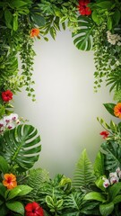 Lush Tropical Foliage Frame with Vibrant Flowers and Bright Center.