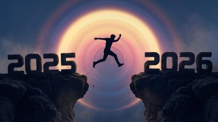 Figure leaps across gap between years 2025 and 2026 in front of glowing sun