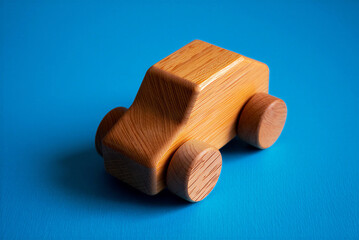 Wooden isometric design stylized car model with blocky geometric shapes on blue backdrop