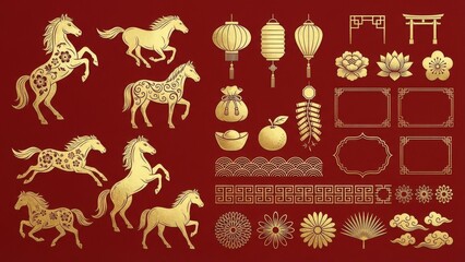 Golden horse silhouettes and decorative elements on red background