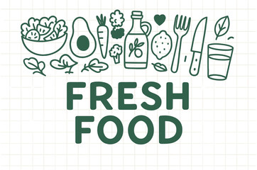 Naklejka premium Fresh food and ingredients vector illustration with avocado, salad, and utensils