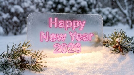 Happy new year 2026 celebration in snowy winter outdoors