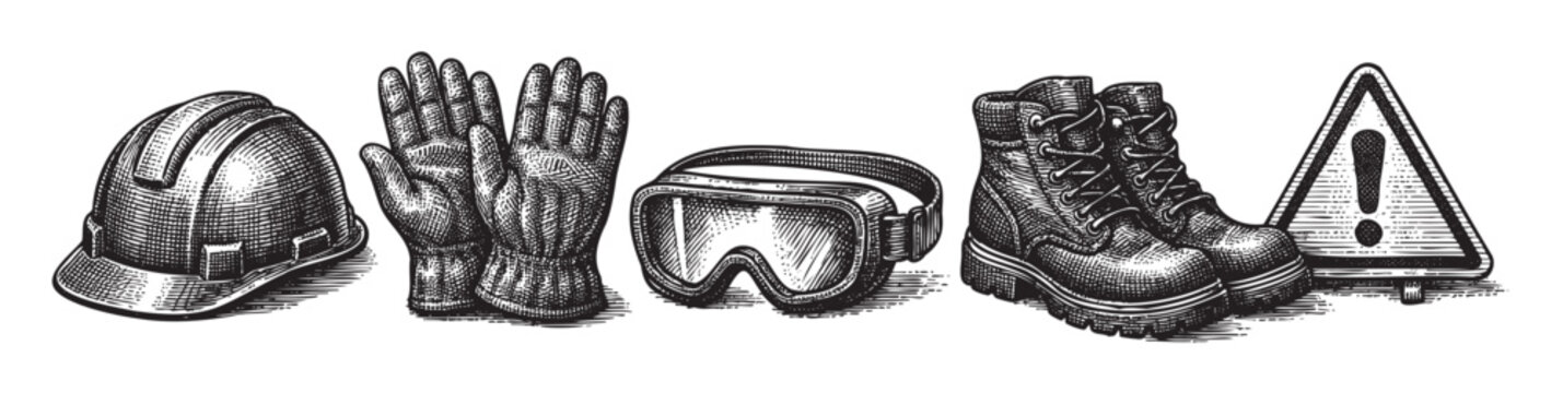 A classic black and white woodcut style illustration of essential construction safety equipment including a hard hat, gloves, goggles, boots, and a warning sign.