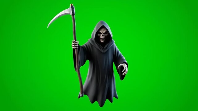 Ominous grim reaper character with scythe on green screen