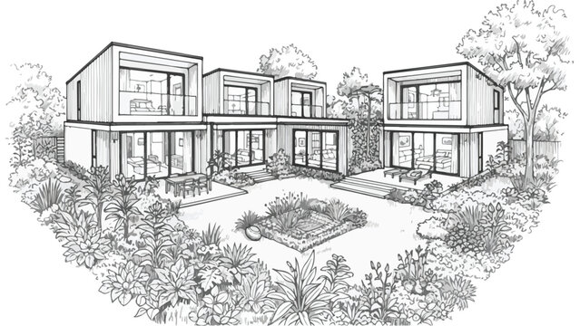 Modern duplex residential houses with garden and walkway vector sketch