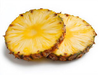 Two fresh juicy yellow pineapple slices overlapping isolated on a white background