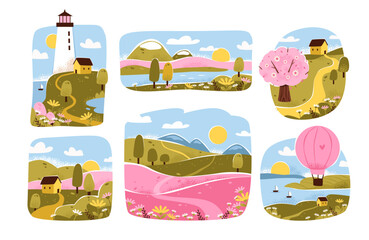 Whimsical Spring Landscapes with Countryside Views. Set of spring landscape featuring hills, cottages, lighthouse, hot air balloon, flowers. Cottagecore flat vector illustration.
