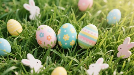 Fototapeta premium Easter painted eggs and bunny figurines lie on fresh green grass; colorful patterns create a fresh and lively atmosphere of the holiday.