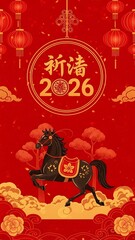 Chinese New Year Poster with Black Horse and Red Lanterns
