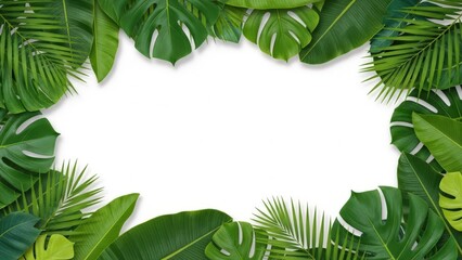 Lush tropical green leaves frame empty center.